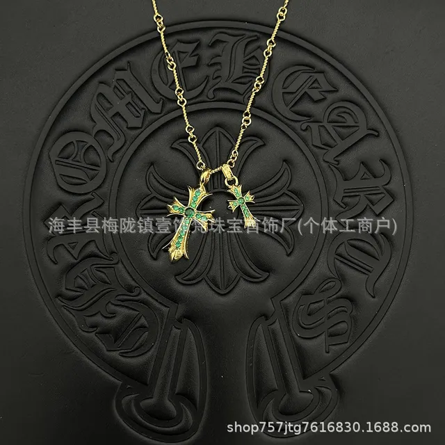 Chrome Hearts Cross Pendant Necklace Emerald-Set Double Cross