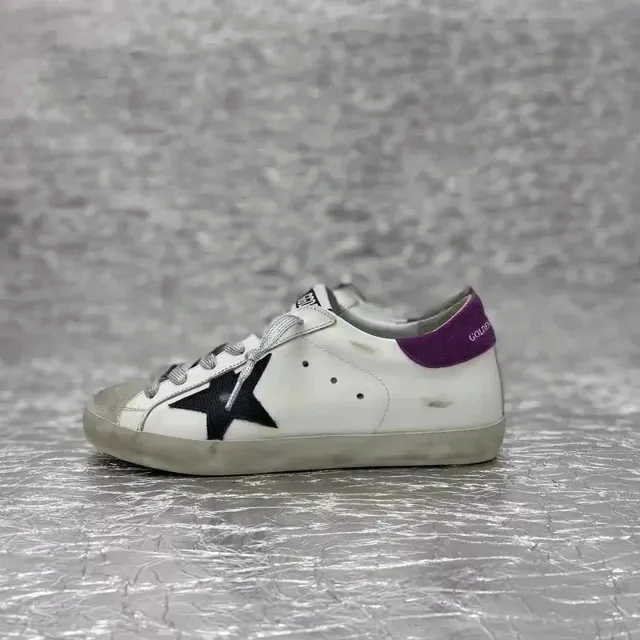 Golden Goose Superstar Distressed White with Black Star and Purple Heel