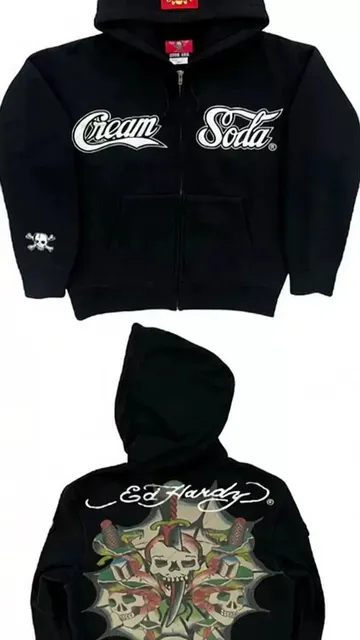 Ed Hardy Zip-Up Hoodie Cream Soda Skull Print
