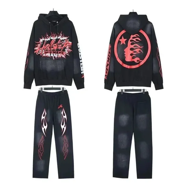 Hellstar Flame Graphic Hoodie and Joggers Set Black with Red Flame Print