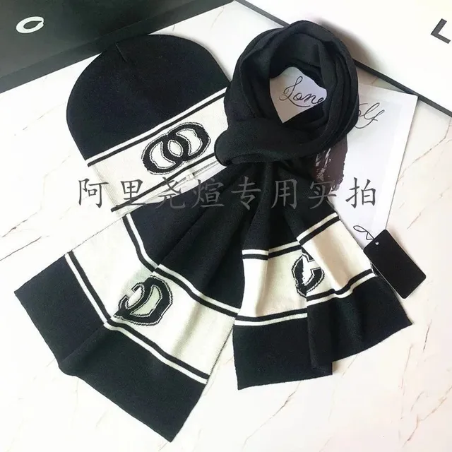 Chanel CC Logo Scarf and Beanie Set Black and White