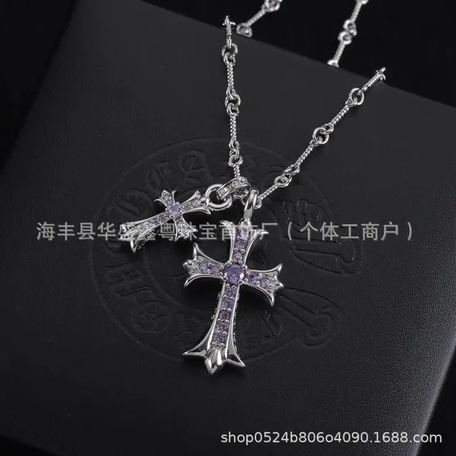 白金紫罗兰双十字架项链