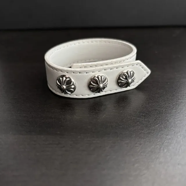 Chrome Hearts Three Stud Cuff White Leather with Silver Cross Studs