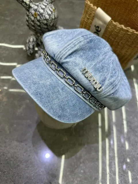 Miu Miu Denim Baker Boy Cap Crystal Chain Logo