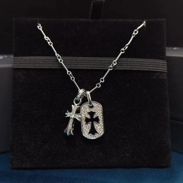 Chrome Hearts Dog Tag Necklace Pave Cross & Dog Tag