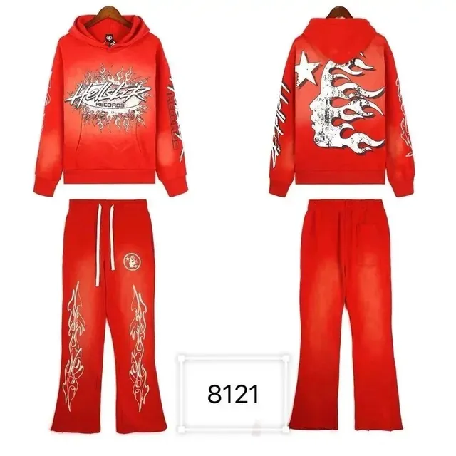 Hellstar Hoodie and Joggers Set Flame Print Gradient Red