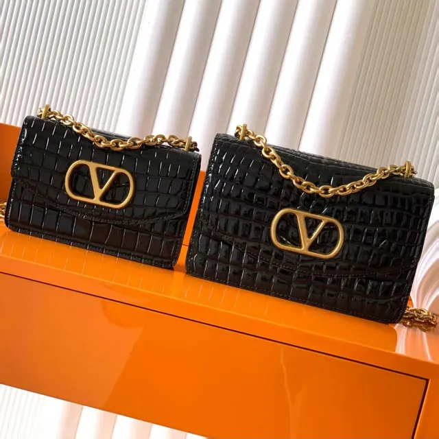 Valentino VLogo Chain Bag Crocodile-Embossed Patent Leather