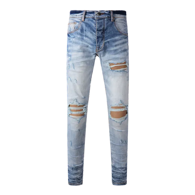 Distressed Slim Fit Jeans Light Wash with Knee Rips