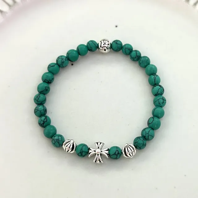 Chrome Hearts Beaded Bracelet Turquoise with Cross Charm
