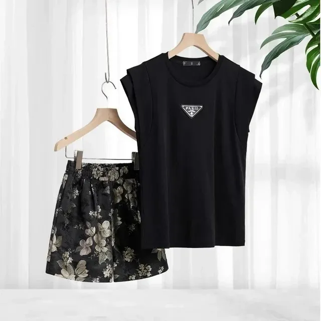 Prada Logo Tee and Floral Shorts Set Black with Silver Logo and Floral Print