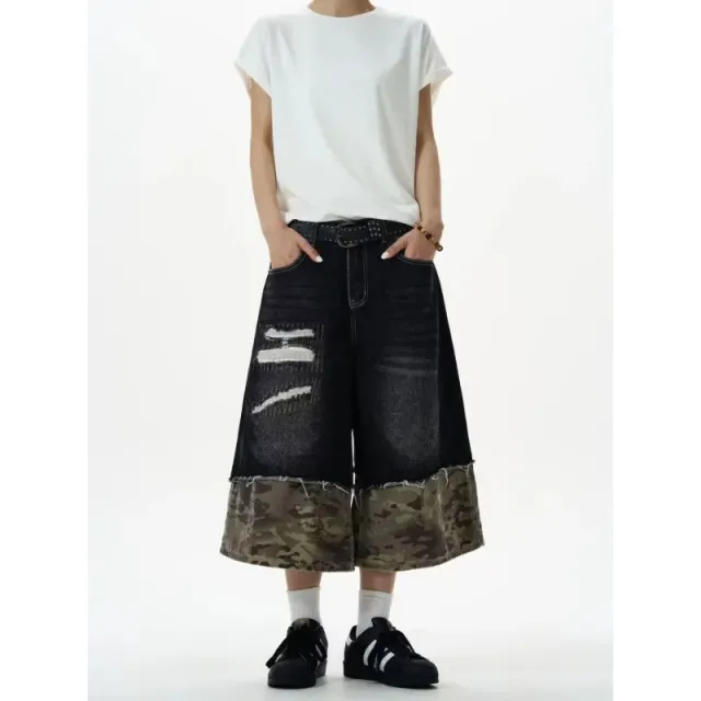 Wide-leg Denim Shorts Camouflage Hem Patchwork