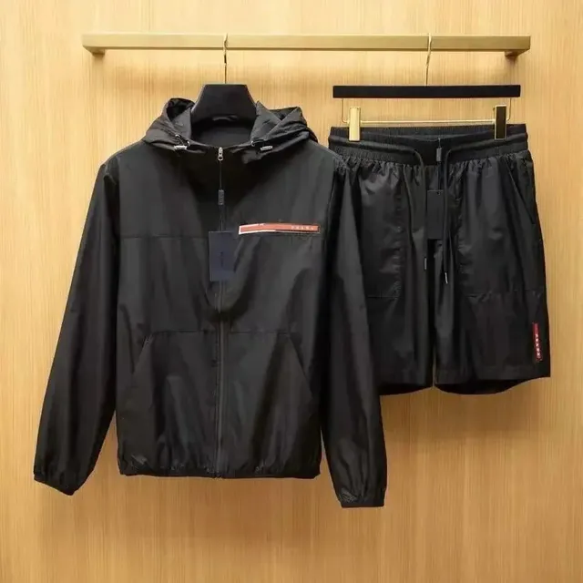 Prada Windbreaker and Shorts Set Nylon with Red Logo Tape