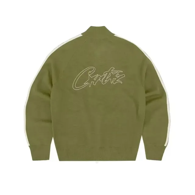 Corteiz Knit Track Jacket Olive with White Stripes