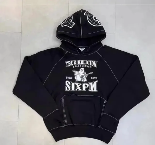 6PM Season hoodie black hoodie with white True Religion and SIXPM graphics