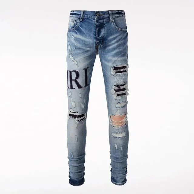 Amiri Distressed Slim Fit Jeans Logo Embroidered Ripped