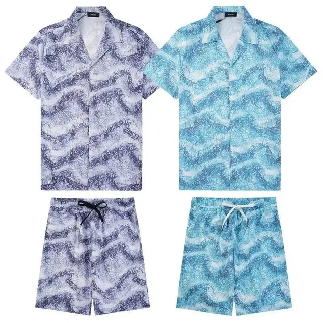 Amiri Wave Print Short Set Marbled Wave Pattern