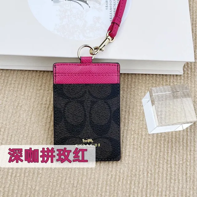 Coach Cardholder with Strap Deep Coffee and Rose Pink