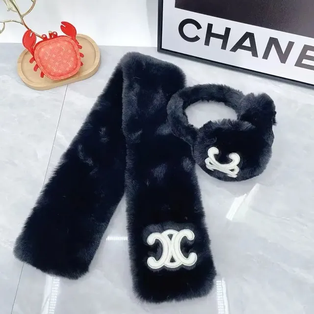 Chanel Faux Fur Scarf and Ear Muffs Set CC Logo