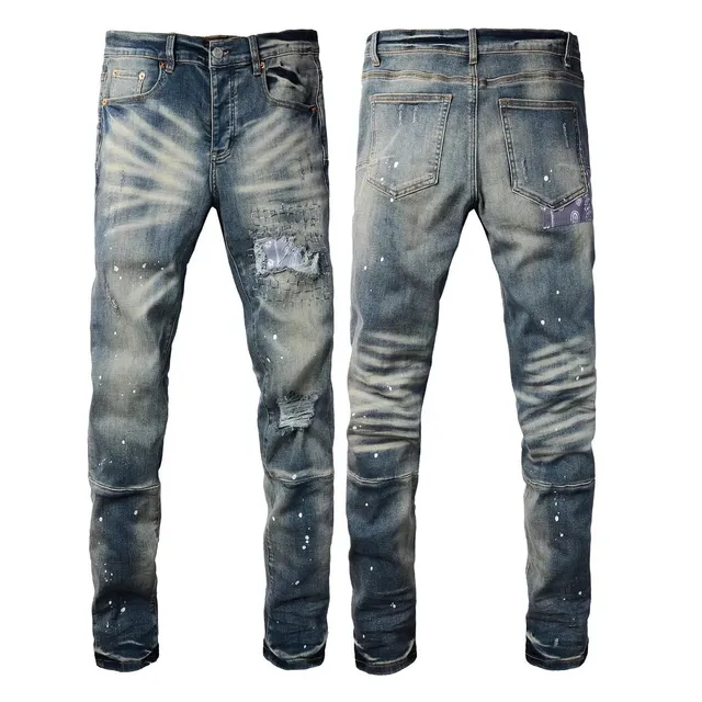 Distressed Slim Fit Jeans Paint-Splatter & Patchwork