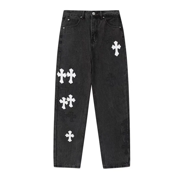 Chrome Hearts Cross Embroidered Jeans Black with White Crosses