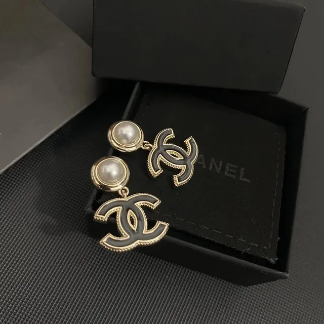 Chanel CC Logo Pearl Earrings Black Enamel & Pearl
