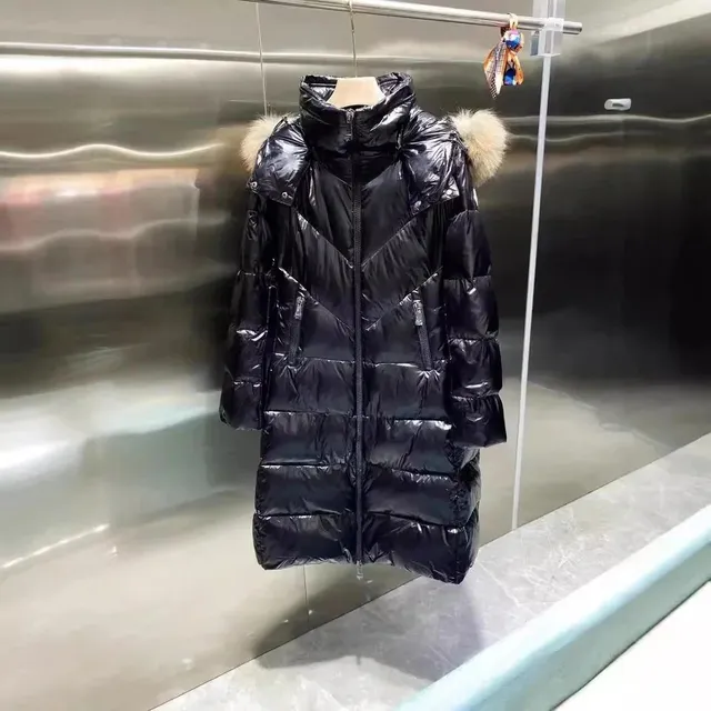 Moncler Long Puffer Coat Glossy Nylon with Fur Trim