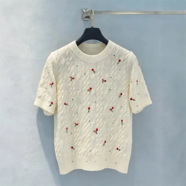 Cable Knit Short-Sleeve Sweater Floral Embroidered