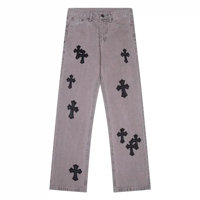 Chrome Hearts Cross Patch Jeans Grey with Black Cross Patches