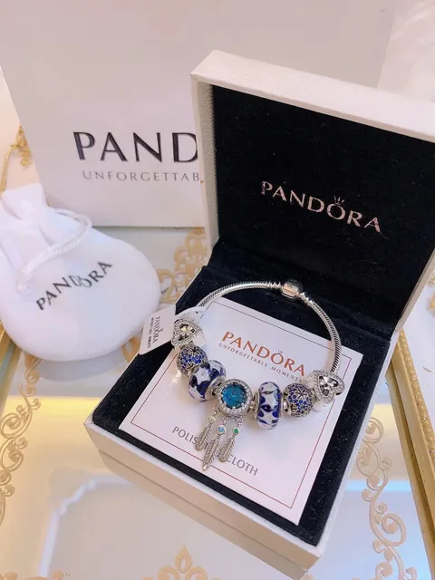 Pandora Snake Chain Bracelet Blue Enamel & Crystal Charms