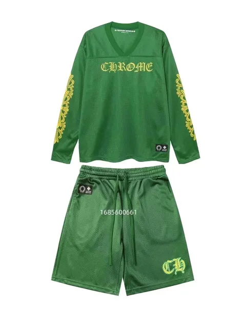 Chrome Hearts Mesh Jersey Set Green with Gold Embroidery