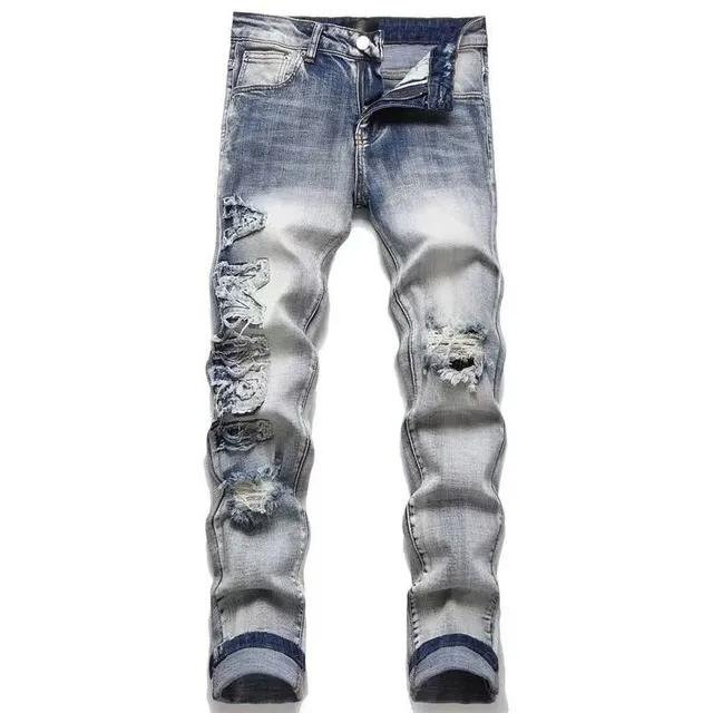 Distressed Slim Fit Jeans Light Wash with Heavy Rips
