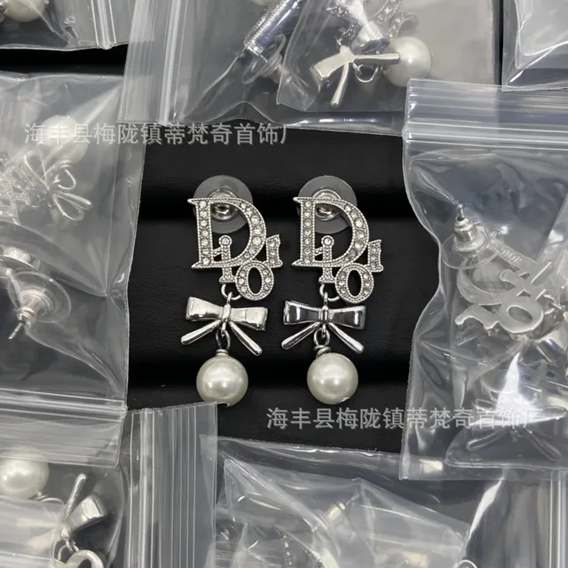 Dior Oblique Earrings Crystal Bow Pearl Drop