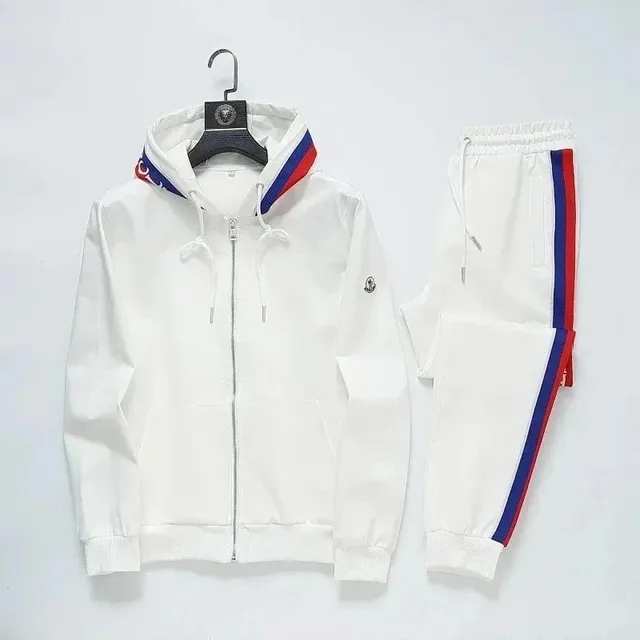 Moncler Track Suit White with Red and Blue Stripes