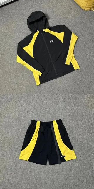 Windbreaker and Shorts Set Black Yellow Panel