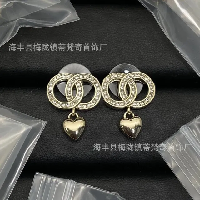 Chanel Double C Earrings Crystal-Embellished Heart Drop
