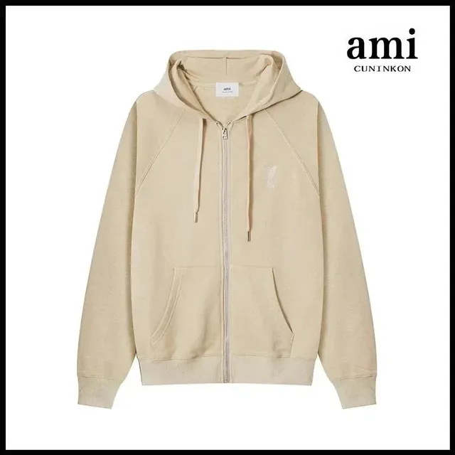 AMI Paris Zip-Up Hoodie Beige