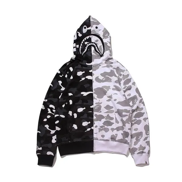 BAPE Half-Black Half-White Shark Hoodie Split Camo
