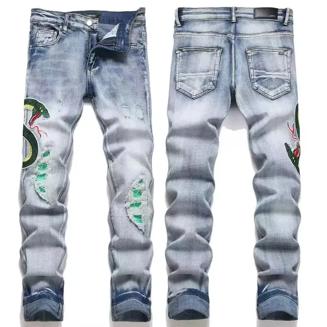 Distressed Jeans Snake Embroidery