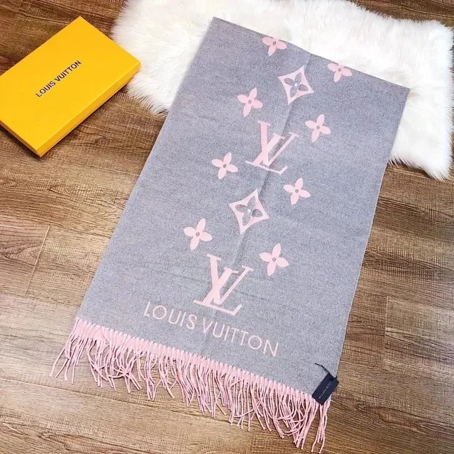 Louis Vuitton Monogram Flower Scarf Grey with Pink LV and Floral Motif