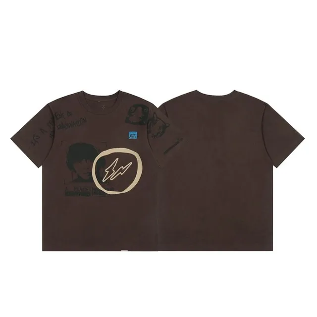 Travis Scott Graphic Tee Brown with Lightning Logo and Portrait Print