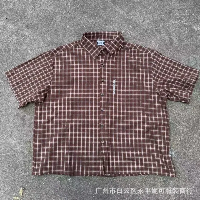Mertra Short-Sleeve Button-Up Shirt Brown Grid Check