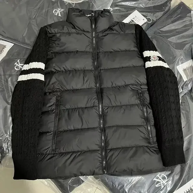 Moncler puffer vest knit sleeves with striped cuff and logo patch