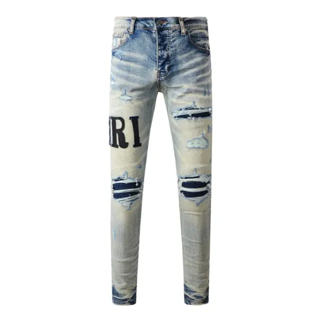Amiri Distressed Slim Fit Jeans Bleached with Logo Patch