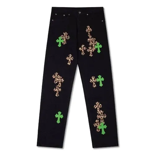 Chrome Hearts Cross Patch Jeans Leopard and Green Cross Embroidery