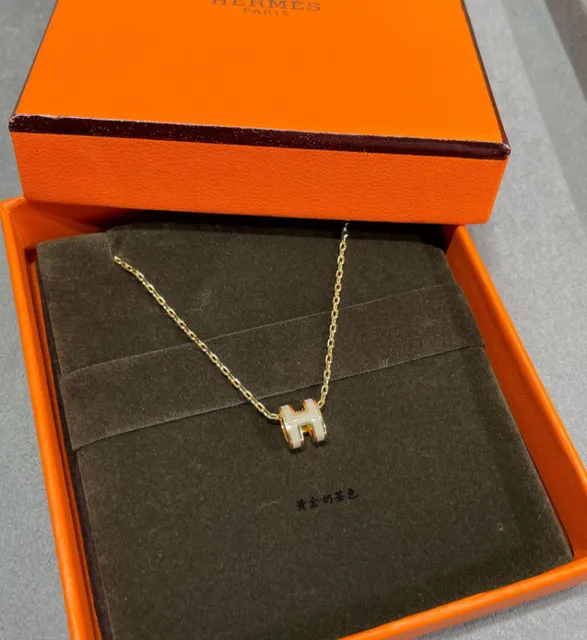 Hermès H Pendant Necklace Gold Chain with White Enamel H