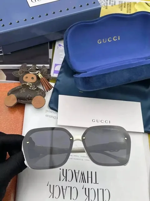 Gucci Square Sunglasses White Frame with Gold Accents