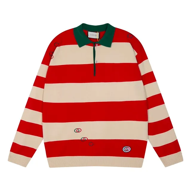 Gucci Polo Collar Knit Sweater Striped with GG Embroidery