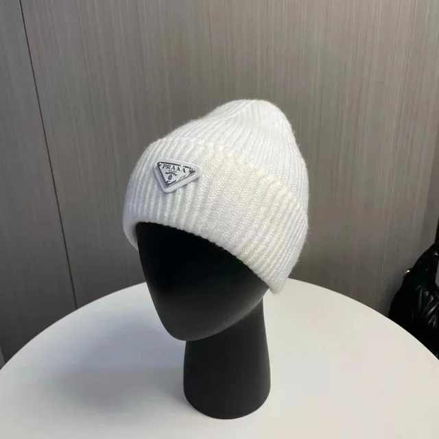 Prada Ribbed Beanie Metallic Triangle Logo