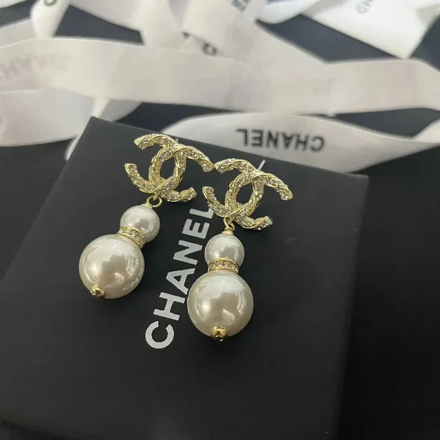 Chanel CC Pearl Drop Earrings Crystal-Embellished