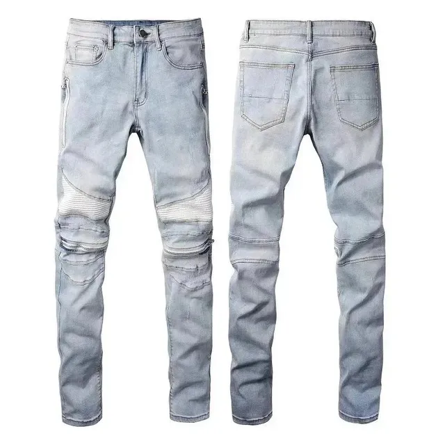 Motorcycle-Style Jeans Light Wash with Paneling